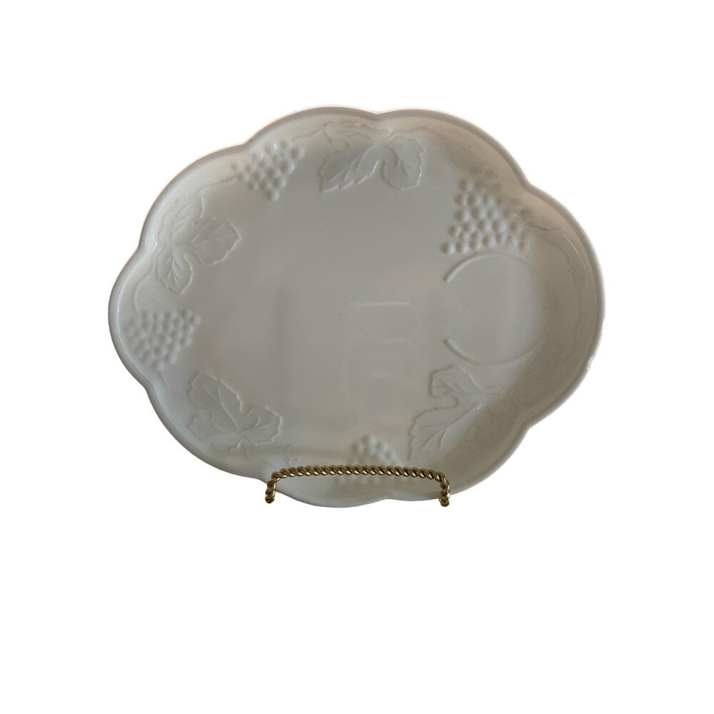 Vintage Milk Glass Grapevine Platter White Embossed Oval Scalloped Edge Dish